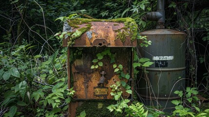 Old rusted single mailbox, moss-covered, set against an overgrown propane tank in an abandoned town