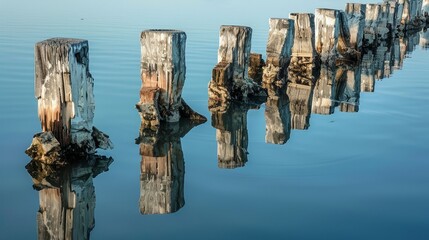Old, weathered wooden dock pillars, their rough surfaces reflected in the glassy water, a scene of quiet decay