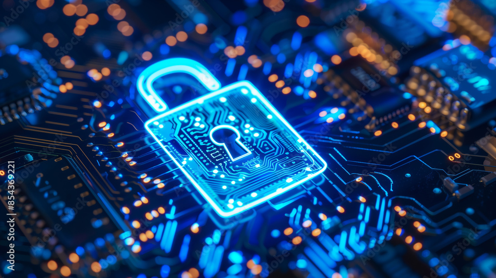 Poster a computer chip with a red and blue lock on it