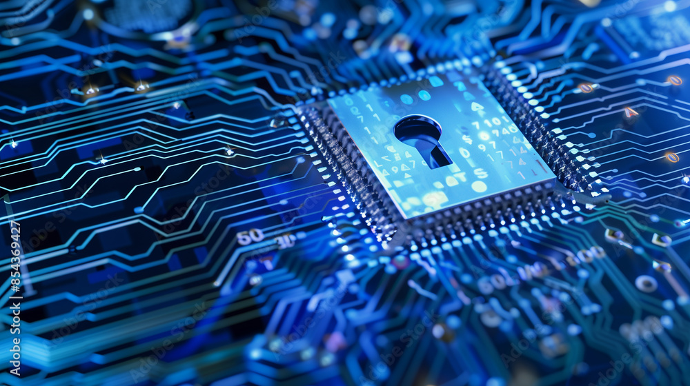Poster a computer chip with a red and blue lock on it