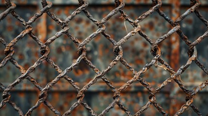 Naklejka premium Rusted chain and close mesh security gate, extreme close-up showing the fine mesh pattern and aged metal
