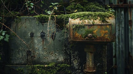 Rusted mailbox, green moss spreading, beside an old propane tank in an abandoned town, detailed and atmospheric