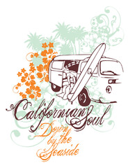 Illustration of a surfer sleeping inside a car in a composition with text, flowers and arabesques.