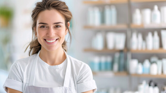 Smiling woman in white shirt and apron stands in a beauty supply store.