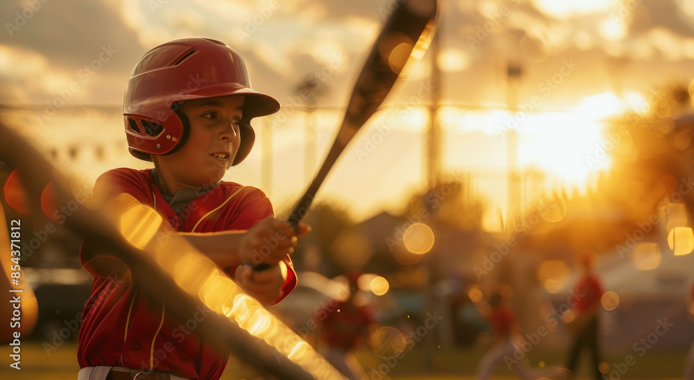 Wall mural A closeup of a young boy in a red baseball uniform hitting the ball during an evening game, with blurred players and stands in the background - Wall murals