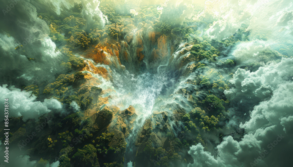 Poster aerial view of a vibrant lush green forest with a mystical foggy crater surrounded by dense clouds a