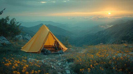 man sitting inside an orange tent and looking at a beautiful mountain landscape during sunset while camping, an adventurous travel concept
