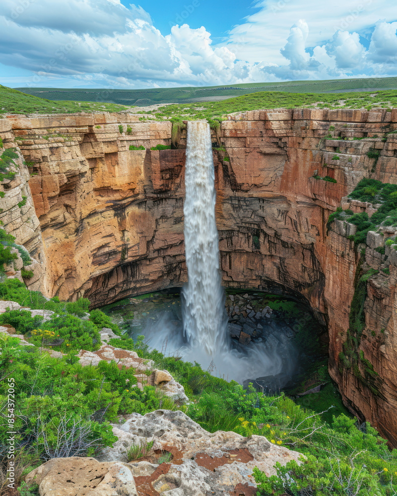 Poster breathtaking view of a majestic waterfall cascading into a serene basin surrounded by rugged cliffs 