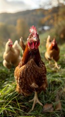 A curious hen with other chickens in the distance in a grassy yard.