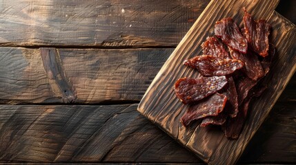 Jerky meat sliced on wooden board. copy space