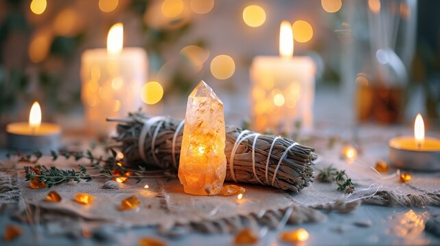 Arrangement of citrine crystal, sage smudge sticks, and herbs with white candles under moody lighting, spiritual ambiance