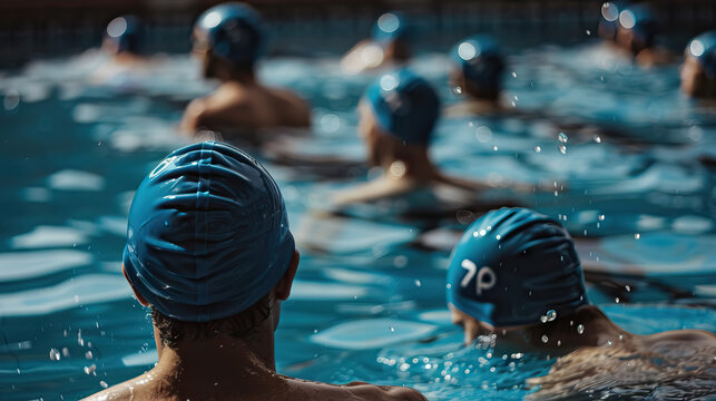 back view coaches instructing swimmers wear swim caps on techniques and safety.