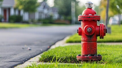Bright red fire hydrant on a suburban side street, residential area with neat front yards and family homes