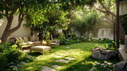 Fototapeta premium Tranquil backyard garden with cozy seating area, dappled sunlight, lush greenery, and serene atmosphere,