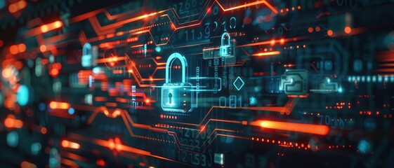 Obraz premium Digital encryption concept with secure data symbols, protecting information, futuristic look, dark background, copy space
