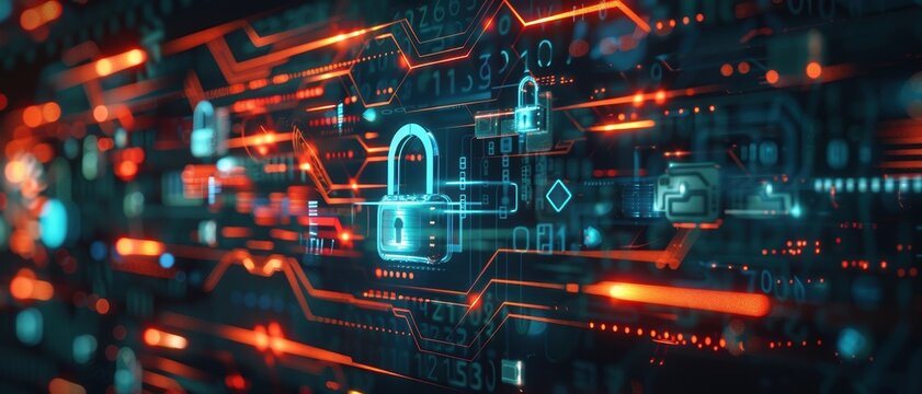 Digital encryption concept with secure data symbols, protecting information, futuristic look, dark background, copy space