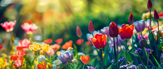 Springtime garden with a variety of blooming flowers, bright and colorful