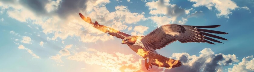 Hawks hunting in the sky close up, focus on, copy space Bright and vibrant colors Double exposure silhouette with clouds