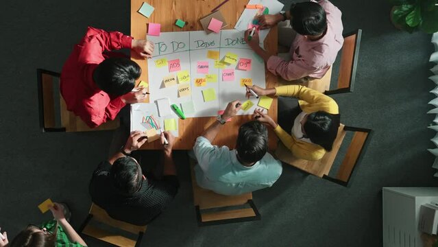 Time lapse of people writing and making scrum task board while writing marketing and planning strategy at colorful sticky notes. Smart team manage work performance by using kanaban board. Convocation.