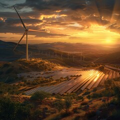 A giant windmill on a hilltop overlooking a solar panel farm bathed in golden sunlight.
