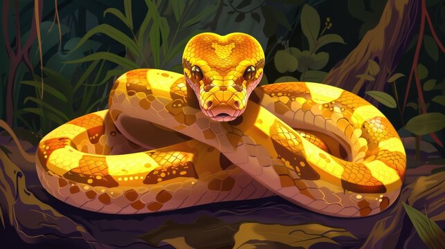 Adorable cartoon featuring a golden hued juvenile reticulated python