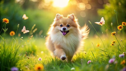 Small Pomeranian running through a meadow chasing butterflies
