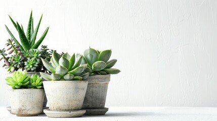 A collection of potted succulent plants in concrete pots against a minimalist white background, perfect for modern home or office decor.