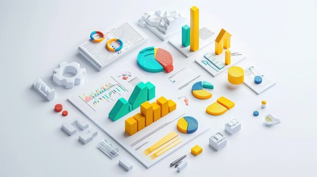 3D data visualization with colorful charts and graphs, showcasing business analytics and statistical reports on a white background.