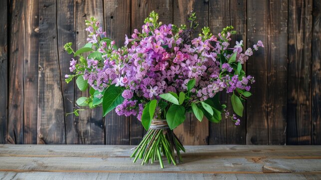 Beautiful lilac mattiola bouquet on wooden table delivered spring flowers