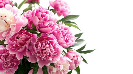 Fototapeta premium Elegant bouquet of pink peonies in full bloom against a white background, showcasing their vibrant petals and lush green leaves.