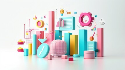 Vibrant 3D illustrations of charts and graphs in pink, blue, and yellow hues, representing data analysis and business statistics on a white background.