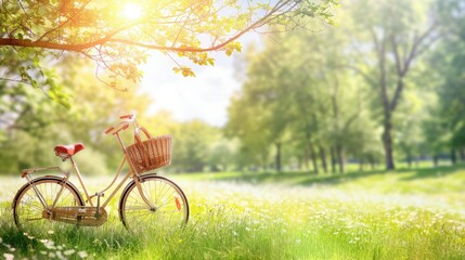 Fototapeta premium Vintage bicycle with a basket parked on a grassy field under a tree, bathed in warm sunlight on a summer day.