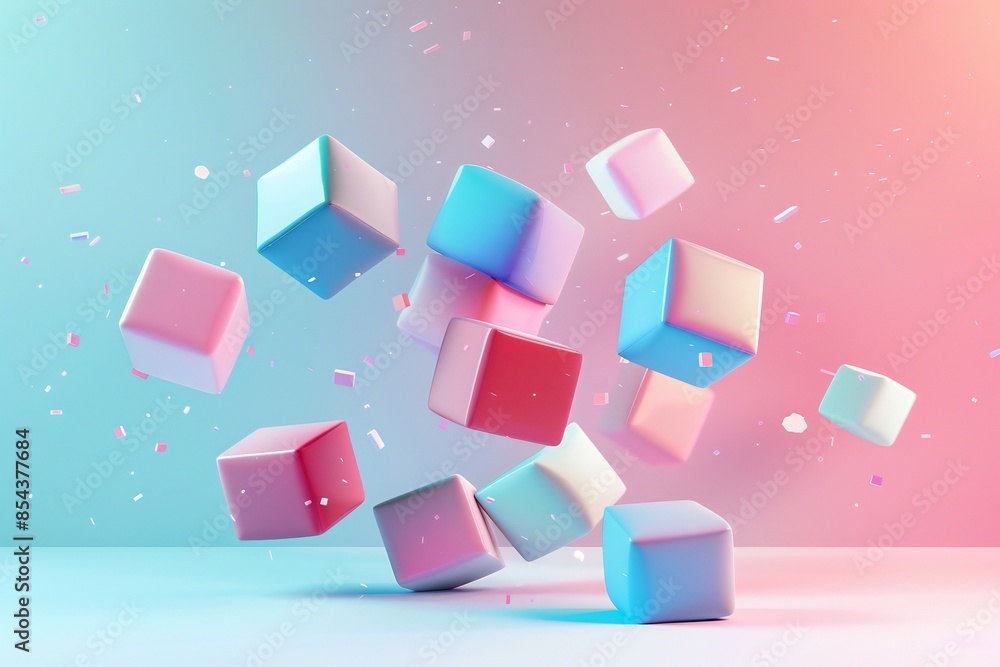 Poster 3d rendering of an abstract floating cube with soft edges and pastel colors, generated by ai
