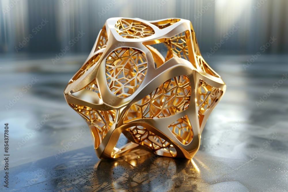 Poster 3d rendering of an abstract icosahedron with intricate internal details in gold , generated by ai