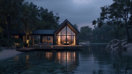 Obraz premium A house with a large window overlooking a body of water