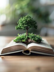 A small tree grows from an open book, symbolizing knowledge and growth.