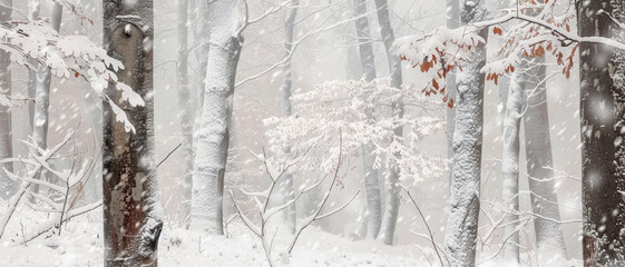 Winter forest with snow-laden branches, serene and quiet