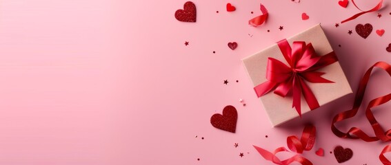 Elegant Valentine's Day Banner Concept with Gift Box on Pink Background, Flat Lay Top View, Featuring Soft Lighting for Romantic and Festive Design Themes