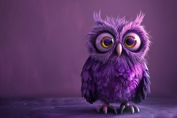 Obraz premium Cartoon owl with purple feathers and large eyes on a monochrome background in 3D style , genetated by ai