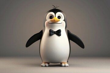 Fototapeta premium Cartoon penguin with a bow tie and flippers on a monochrome background in 3D style , genetated by ai