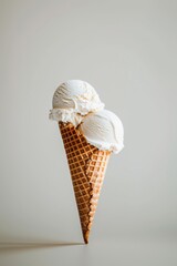 Ice Cream Cone Close-up on a White Minimalist Background, Commercial Photography prop, Wallpaper, banner design, brochure, web, advertising, illustration, concept of healthy life style, summer time,