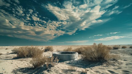 A large, empty, cement basin sits in the middle of a desert