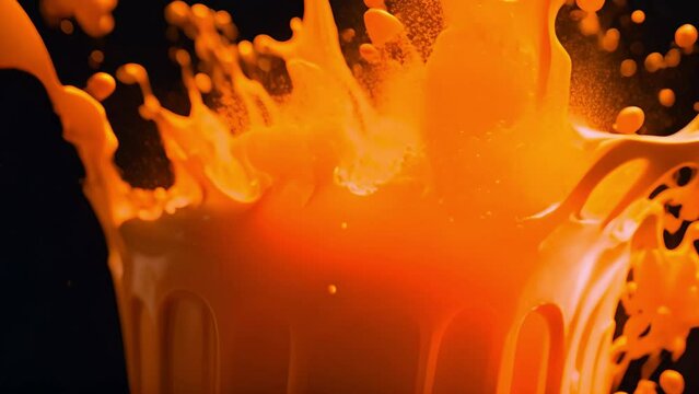 Fresh orange juice explosion in slow motion on black background