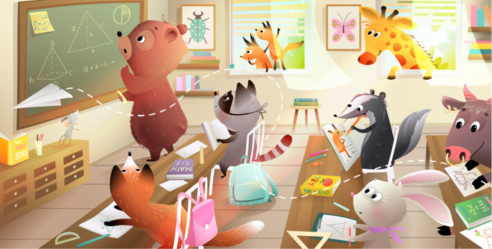 Cute forest animals in an elementary school classroom. Bear, bunny, fox, squirrel, giraffe, wolf, hare. Animal students study and read books at geometry lesson. Vector cartoon illustration for kids.