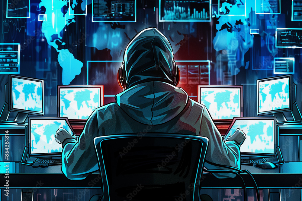 Poster a man is sitting in front of a computer with a hood over his head. he is wearing headphones and is l