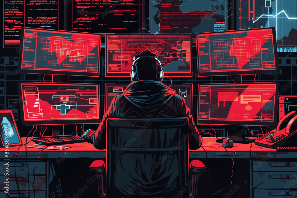 Poster a man is sitting in front of a computer with a hood over his head. he is wearing headphones and is l