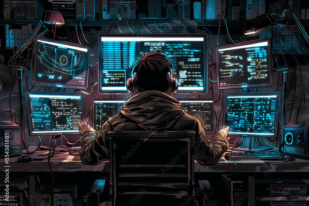 Poster a man is sitting in front of a computer monitor with a map of the world on it. he is wearing headpho