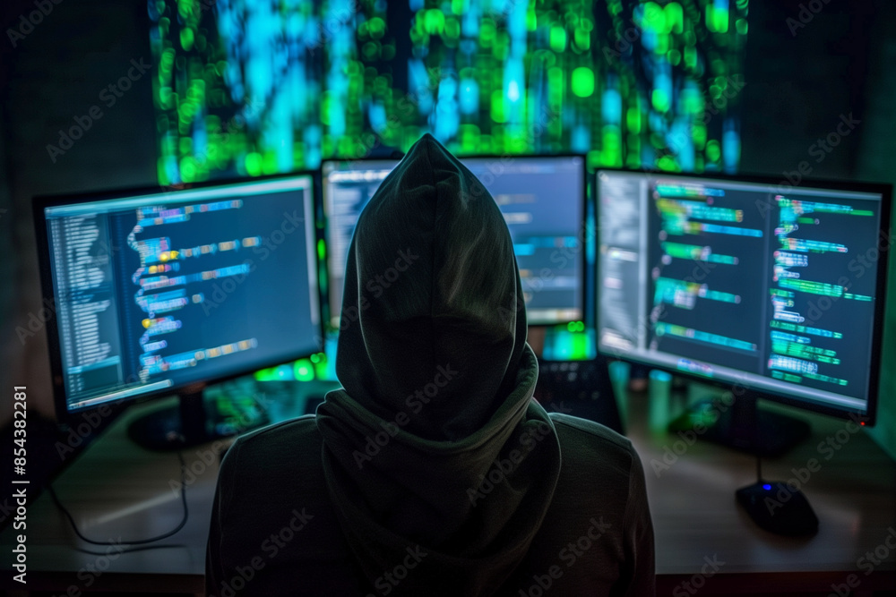 Poster a man is sitting in front of a computer with monitors and a hoodie on. the room is dimly lit, and th