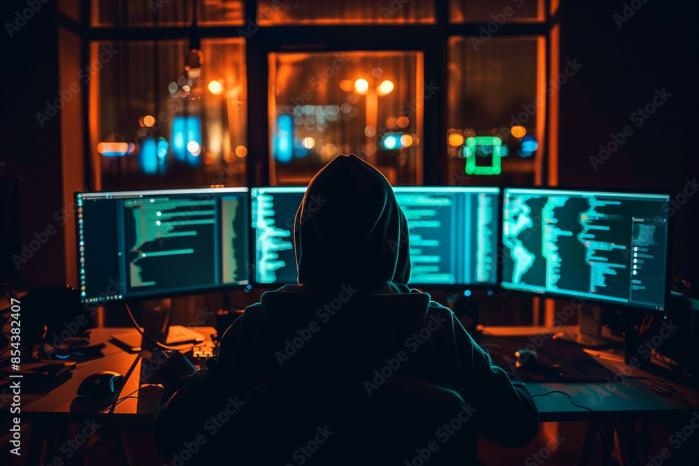 Poster a man is sitting in front of a computer with monitors and a hoodie on. the room is dimly lit, and th