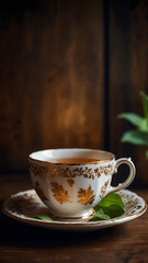 Tranquil Moments, Herbal Infusion In a Cup, Vintage Elegance And Charm With Fresh Green Tea on a Rustic Wooden Table, Aromatic Bliss, Leafy Delight, space for text, 